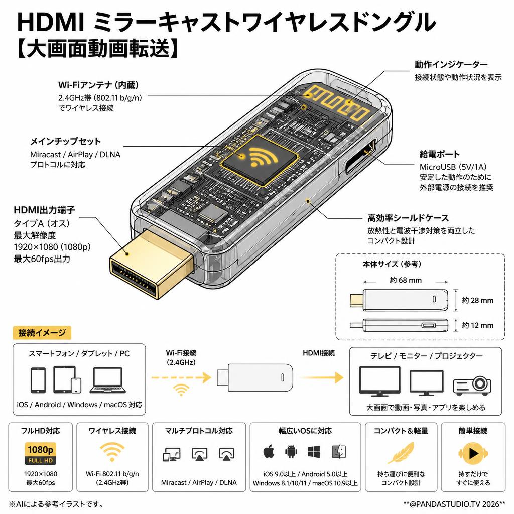 HDMI ミラーキャストワイヤレスドングル 【大画面動画転送】 スペック
