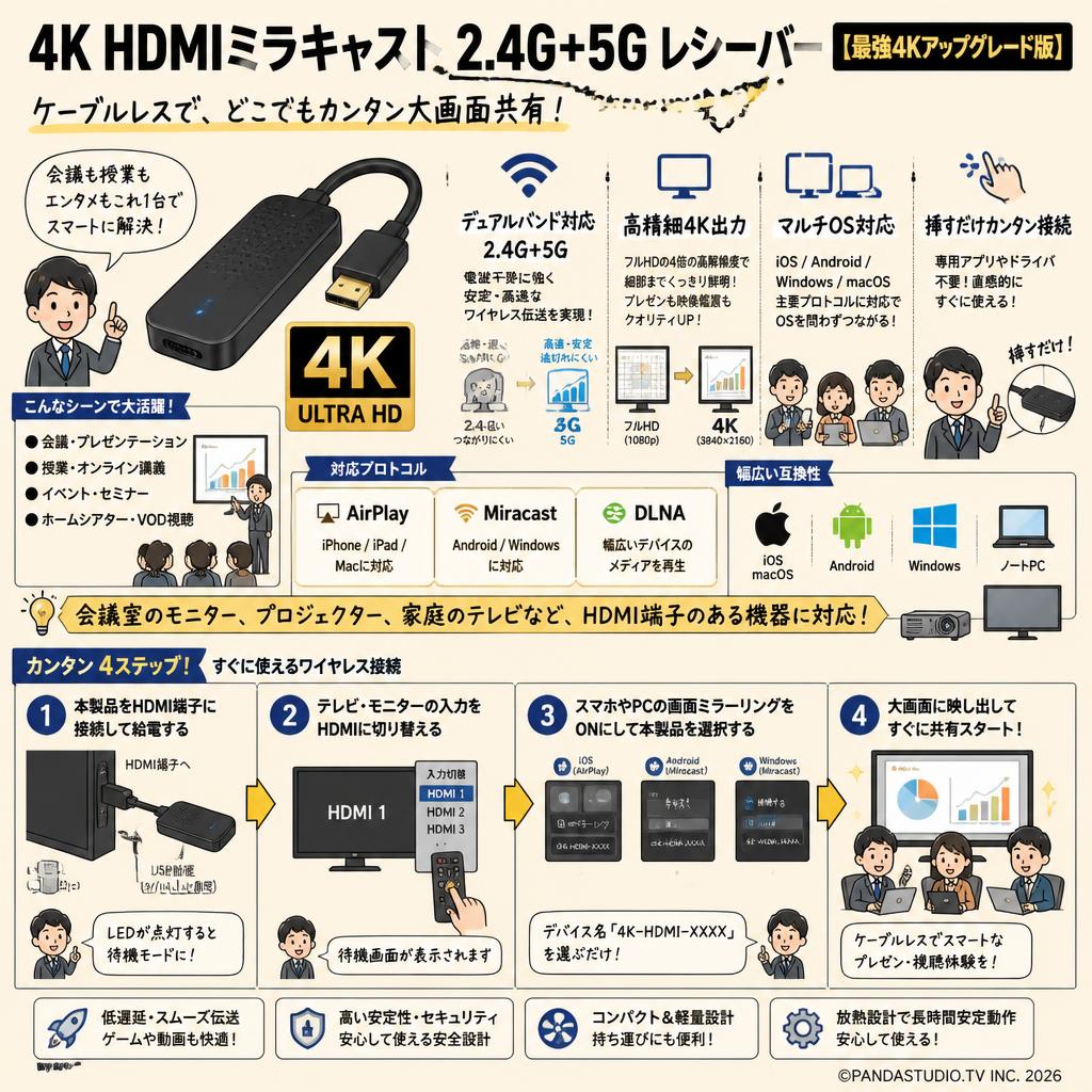 4K HDMIミラキャスト2.4G+5G レシーバー 【最強4Kアップグレード版】 概要