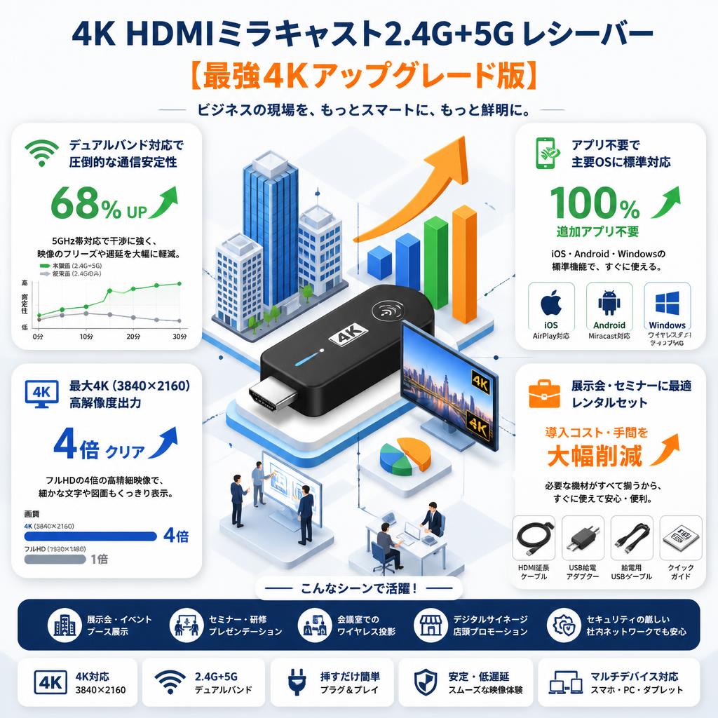 4K HDMIミラキャスト2.4G+5G レシーバー 【最強4Kアップグレード版】 セールスポイント