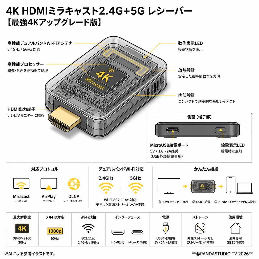 4K HDMIミラキャスト2.4G+5G レシーバー 【最強4Kアップグレード版】 スペック