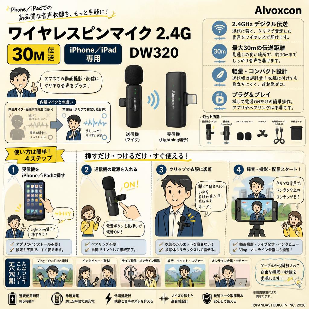 Alvoxcon ワイヤレスピンマイク2.4G 30M伝送 iPhone/iPad専用 DW320 概要
