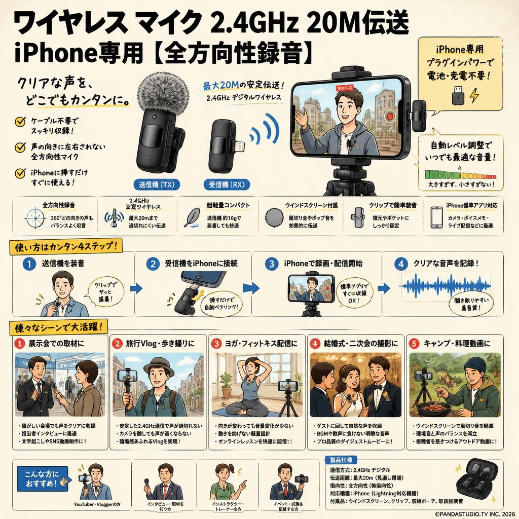 ワイヤレス マイク 2.4GHz 20M伝送 iPhone専用【全方向性録音】 用途