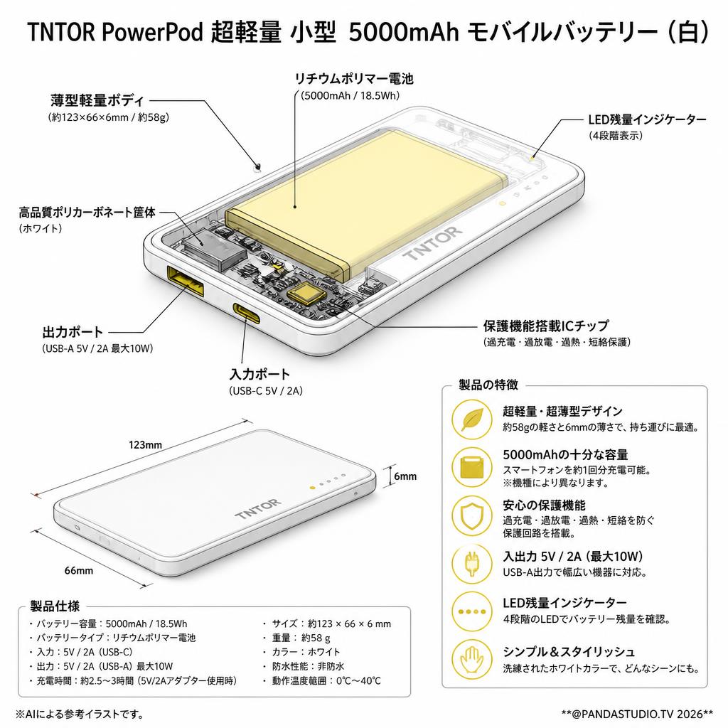 TNTOR PowerPod 超軽量 小型  5000mAh モバイルバッテリー(白） スペック