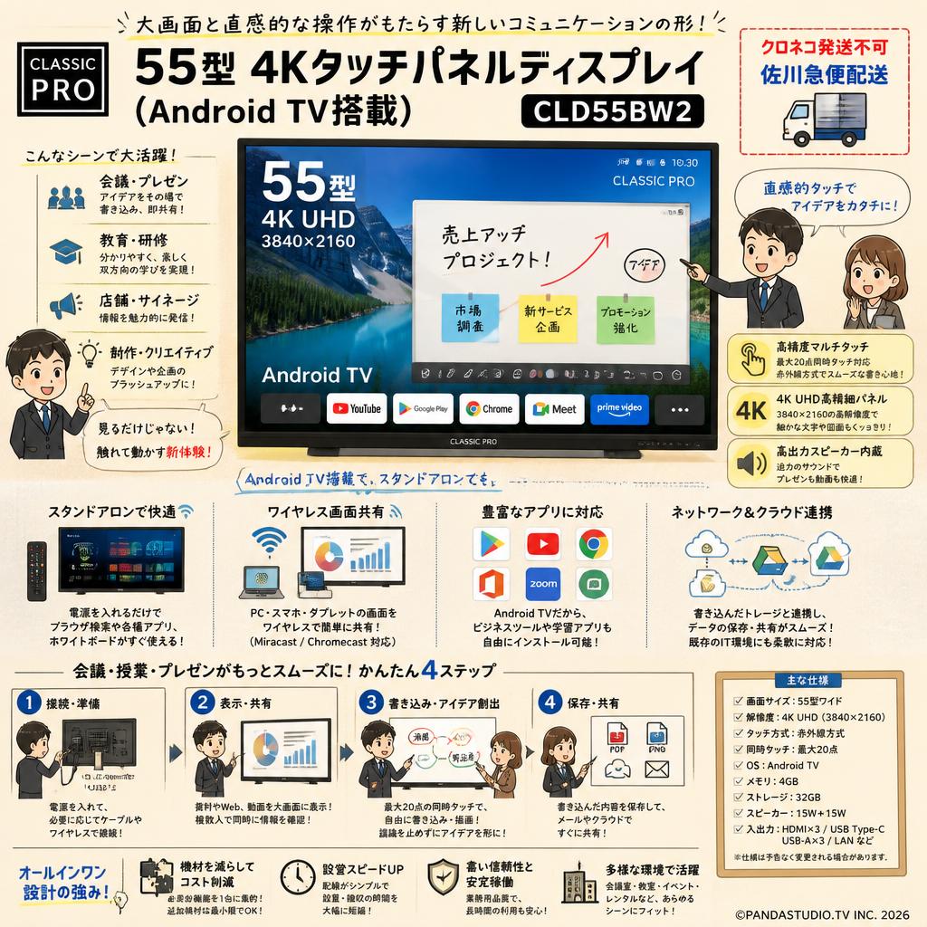 CLASSIC PRO 55型 4Kタッチパネルディスプレイ(Android TV搭載)【クロネコ発送不可/佐川急便配送】CLD55BW2 概要