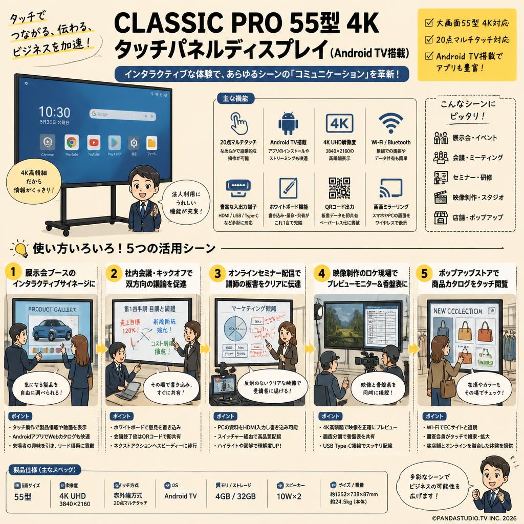 CLASSIC PRO 55型 4Kタッチパネルディスプレイ(Android TV搭載)【クロネコ発送不可/佐川急便配送】CLD55BW2 用途