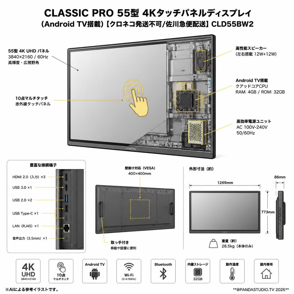 CLASSIC PRO 55型 4Kタッチパネルディスプレイ(Android TV搭載)【クロネコ発送不可/佐川急便配送】CLD55BW2 スペック