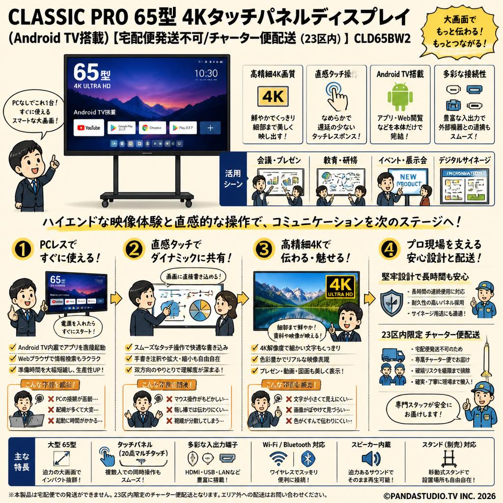 CLASSIC PRO 65型 4Kタッチパネルディスプレイ(Android TV搭載)【宅配便発送不可/チャーター便配送（23区内）】CLD65BW2 概要