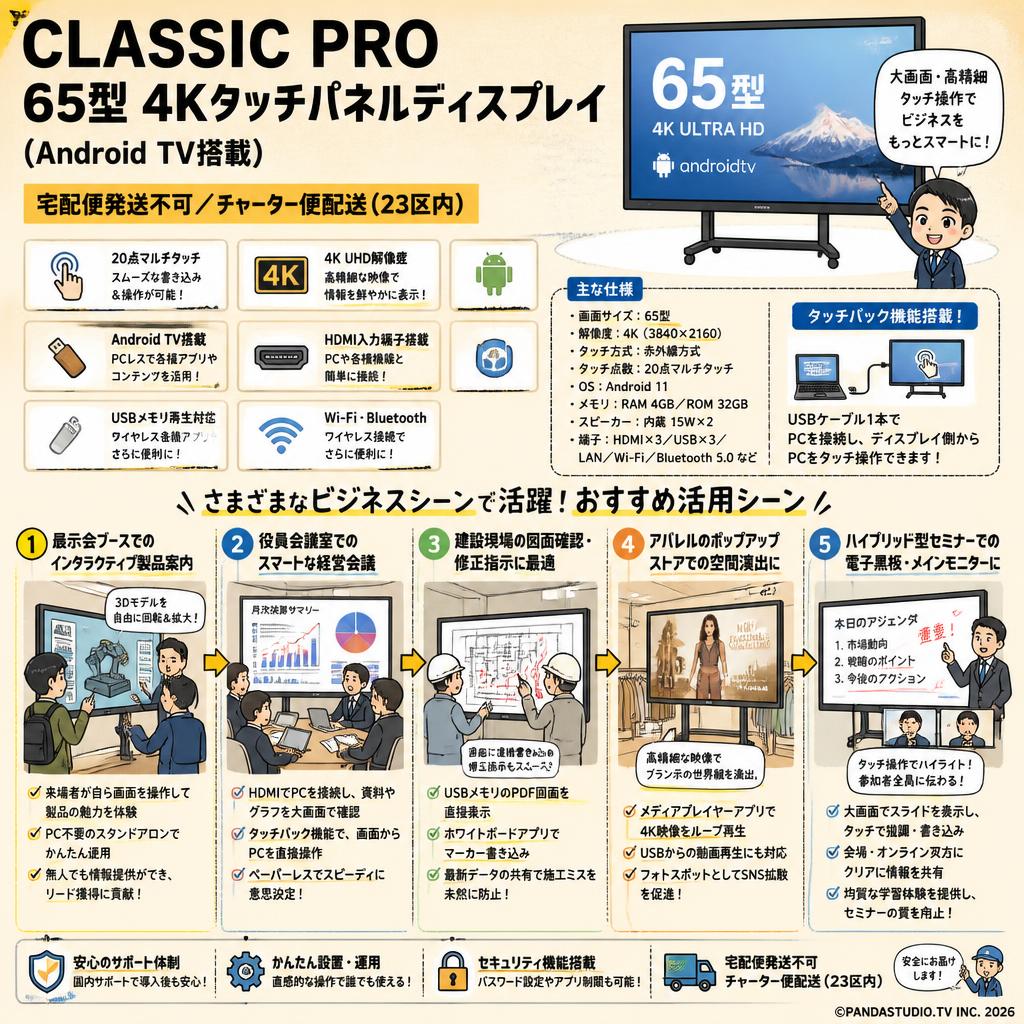 CLASSIC PRO 65型 4Kタッチパネルディスプレイ(Android TV搭載)【宅配便発送不可/チャーター便配送（23区内）】CLD65BW2 用途