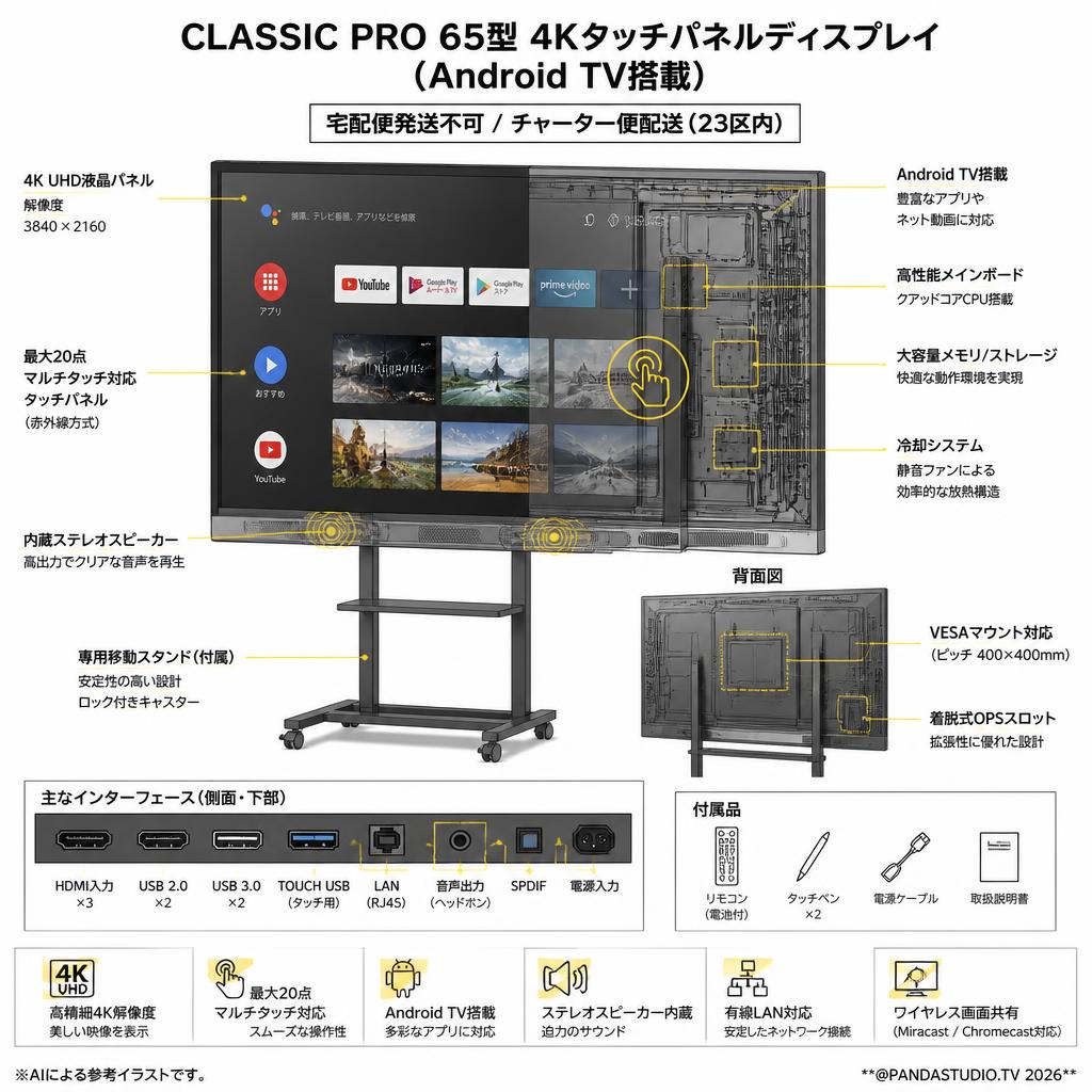 CLASSIC PRO 65型 4Kタッチパネルディスプレイ(Android TV搭載)【宅配便発送不可/チャーター便配送（23区内）】CLD65BW2 スペック