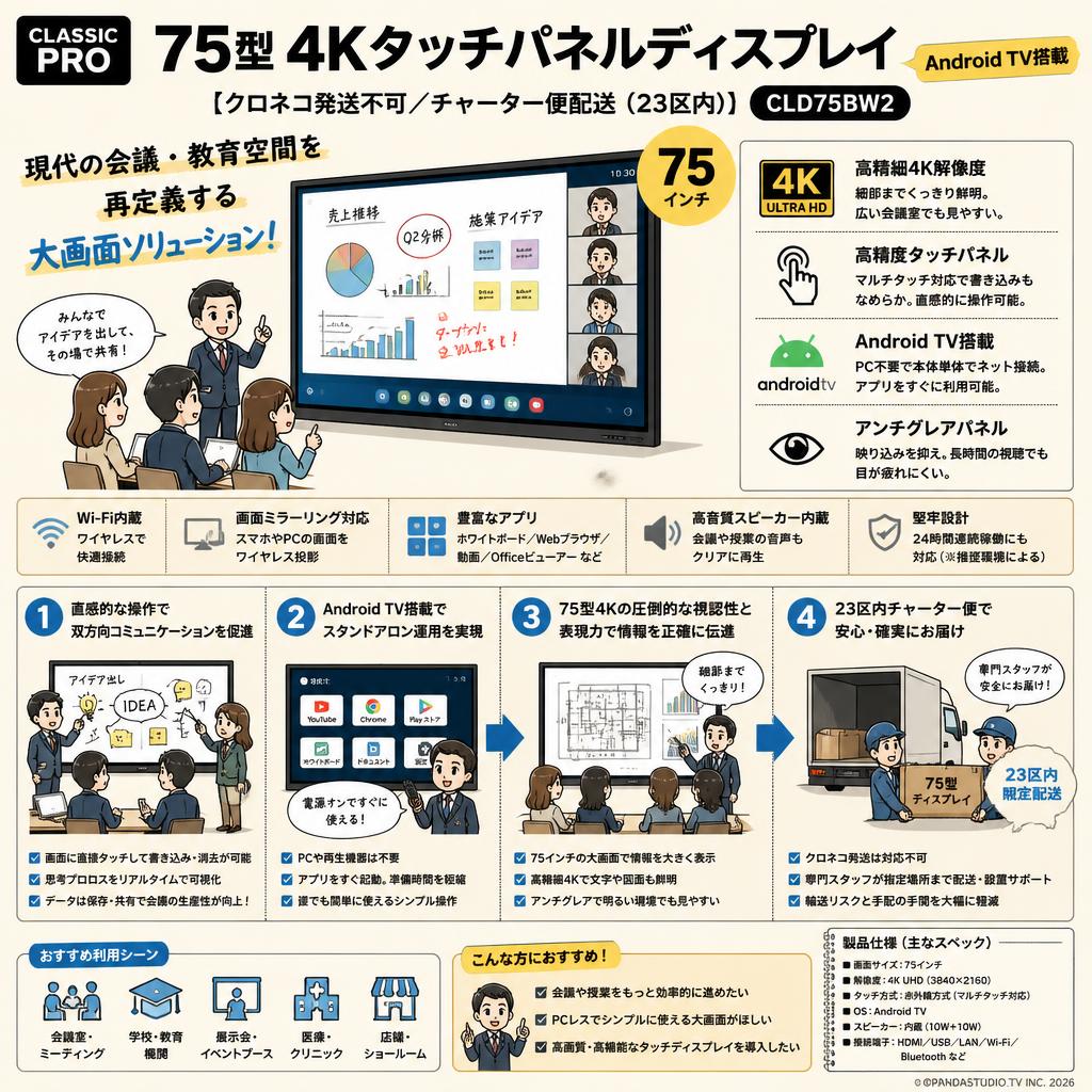 CLASSIC PRO 75型 4Kタッチパネルディスプレイ(Android TV搭載)【クロネコ発送不可/チャーター便配送（23区内）】CLD75BW2 概要