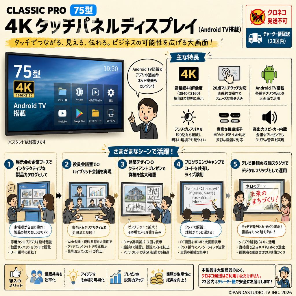 CLASSIC PRO 75型 4Kタッチパネルディスプレイ(Android TV搭載)【クロネコ発送不可/チャーター便配送（23区内）】CLD75BW2 用途