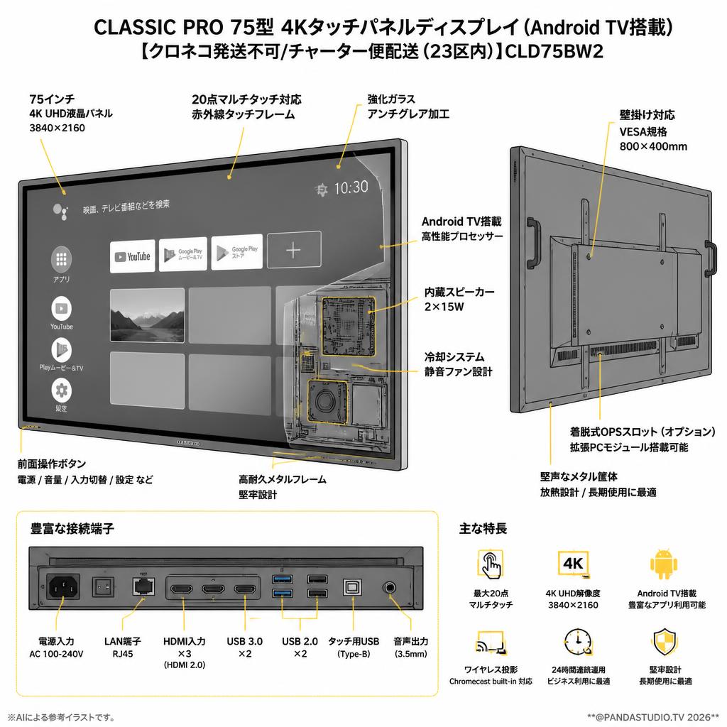 CLASSIC PRO 75型 4Kタッチパネルディスプレイ(Android TV搭載)【クロネコ発送不可/チャーター便配送（23区内）】CLD75BW2 スペック