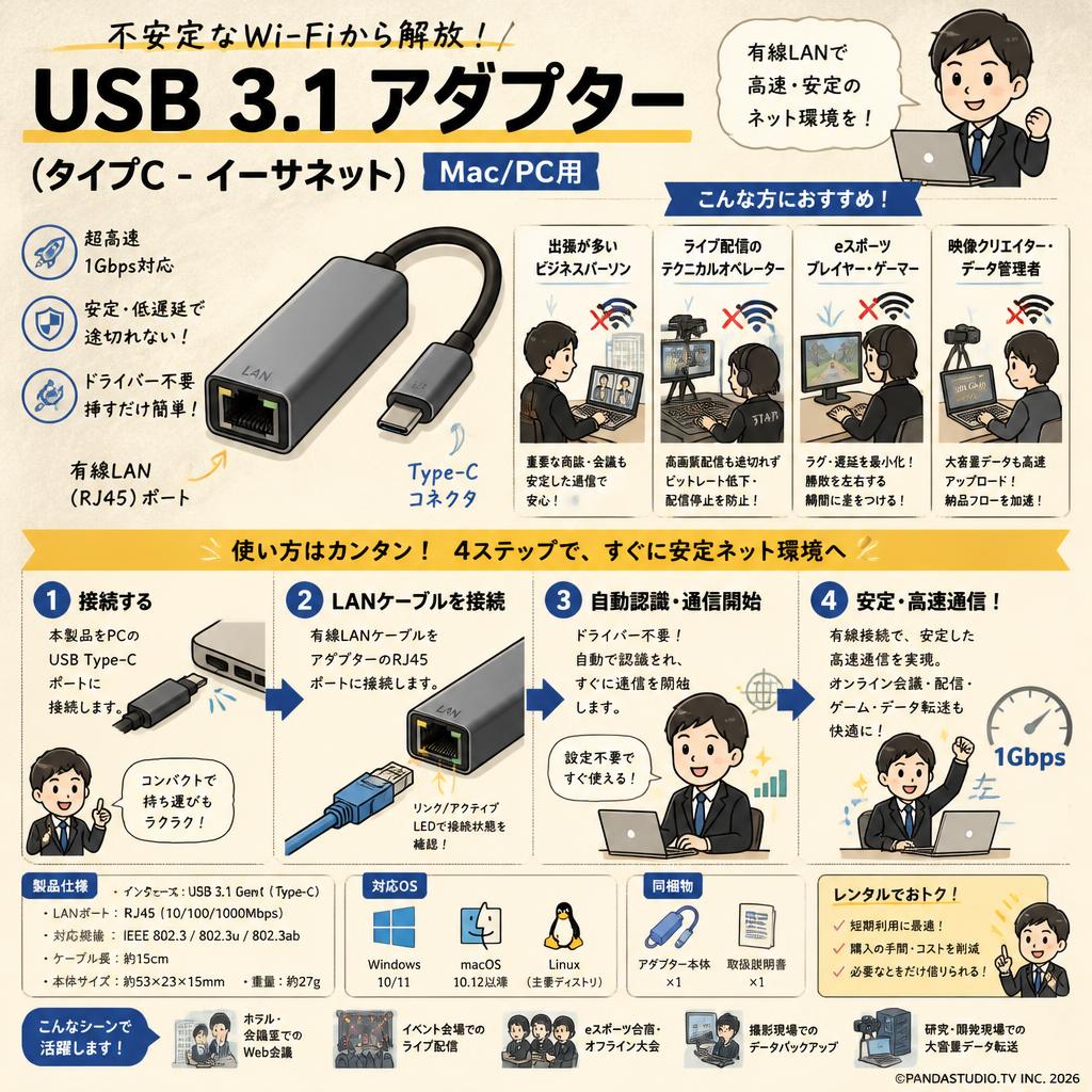 USB 3.1 アダプター (タイプC - イーサネット) Mac/PC用 おもな対象のお客様
