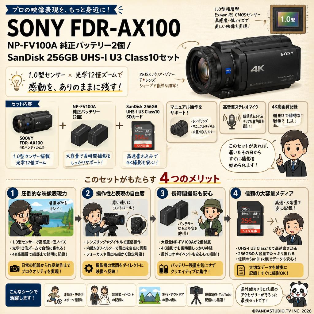 SONY FDR-AX100 / NP-FV100A 純正バッテリー2個 / SanDisk 256GB UHS-I U3 Class10セット 概要