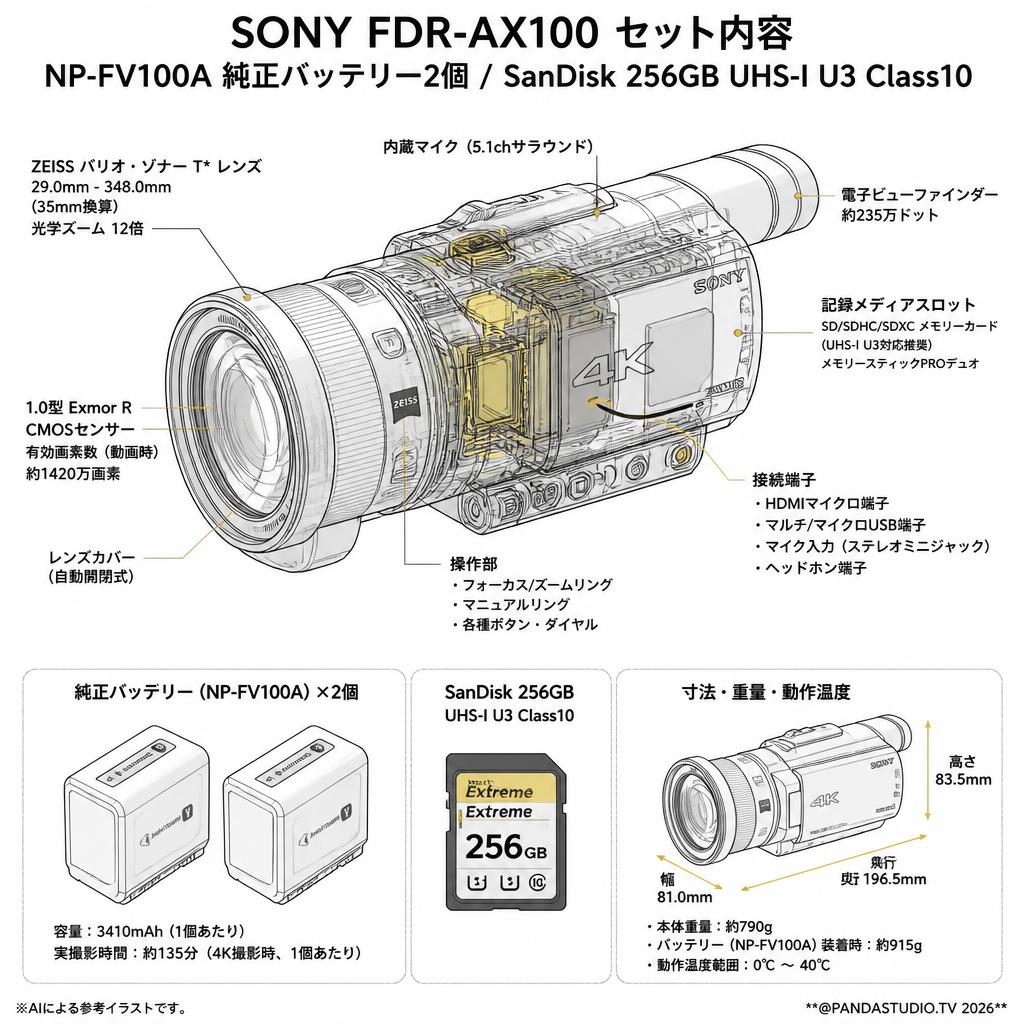 SONY FDR-AX100 / NP-FV100A 純正バッテリー2個 / SanDisk 256GB UHS-I U3 Class10セット スペック