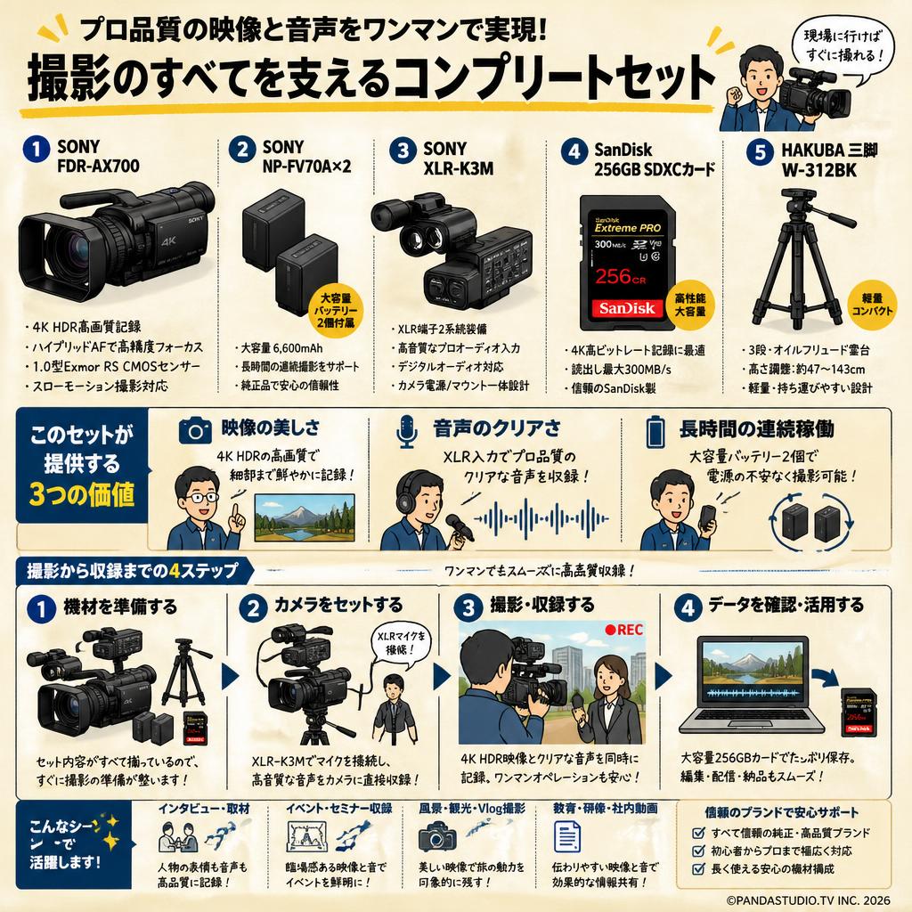 SONY FDR-AX700 / SONY NP-FV70A×2 / SONY XLR-K3M / SanDisk 256GB SDXCカード/ HAKUBA 三脚 W-312BKセット 概要