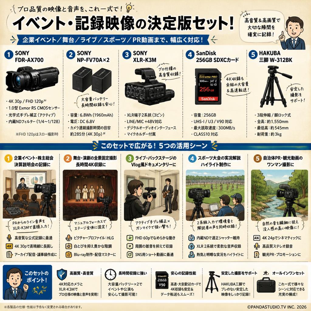 SONY FDR-AX700 / SONY NP-FV70A×2 / SONY XLR-K3M / SanDisk 256GB SDXCカード/ HAKUBA 三脚 W-312BKセット 用途