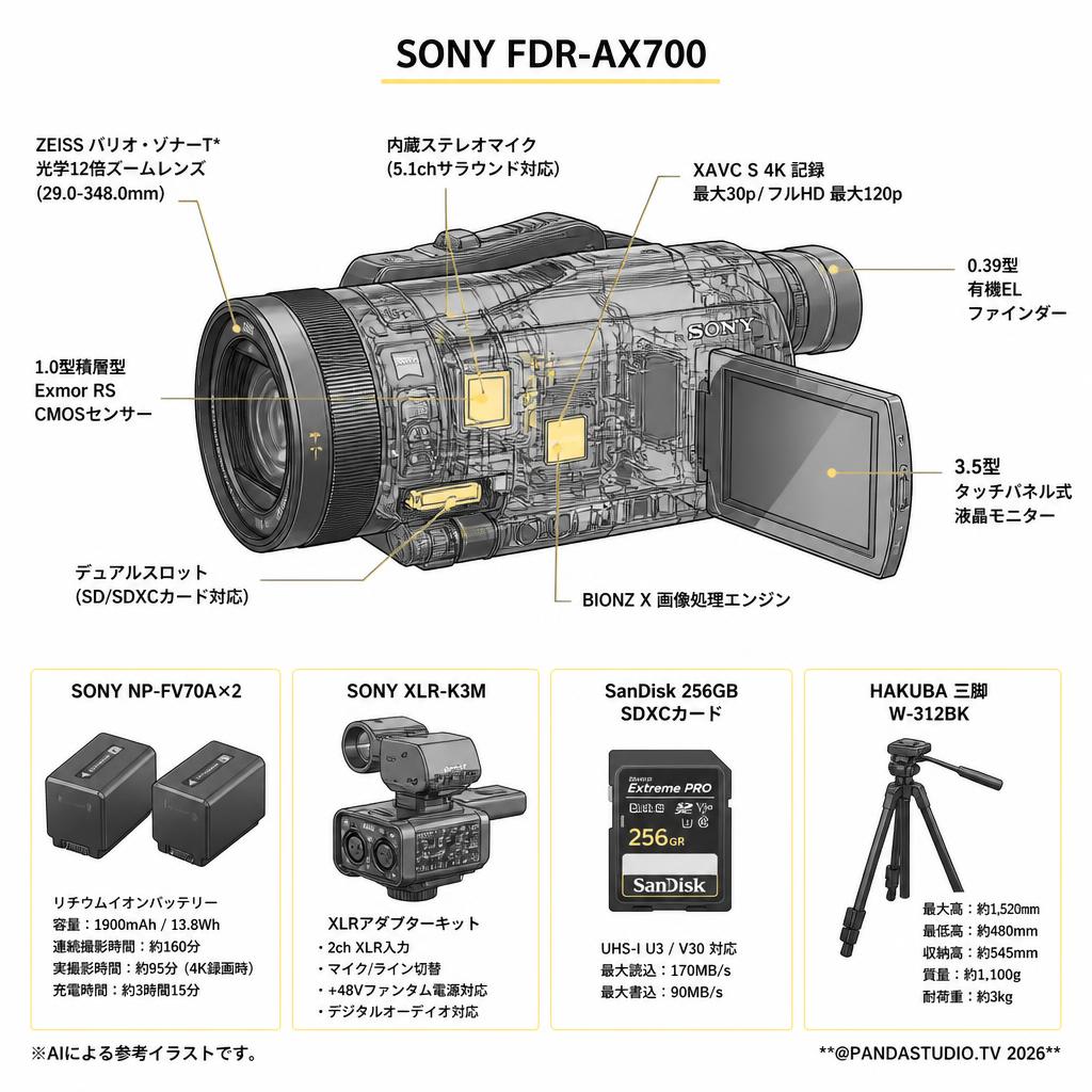 SONY FDR-AX700 / SONY NP-FV70A×2 / SONY XLR-K3M / SanDisk 256GB SDXCカード/ HAKUBA 三脚 W-312BKセット スペック