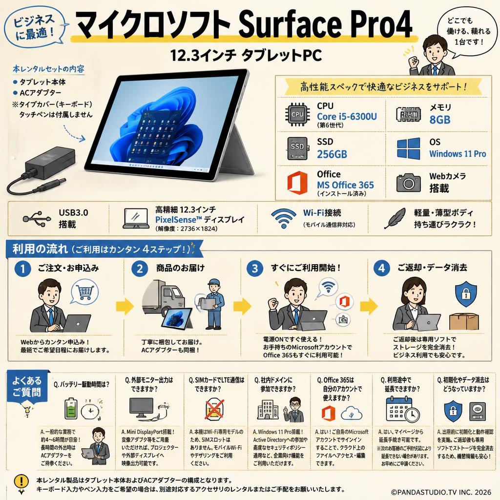 マイクロソフト Surface Pro4 / 12.3インチ タブレットPC/CPU:Core i5-6300U / メモリ:8GB / SSD:256GB / Windows 11 Pro/MS Office 365/ Webカメラ / USB3.0 FAQ（よくある質問と答え）