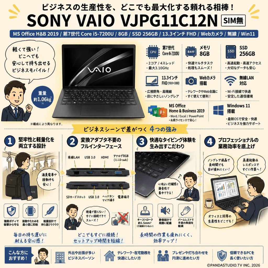 [SIM無] SONY VAIO VJPG11C12N /MS Office H&B 2019 / 第7世代Core i5-7200u/ 8GB/ SSD 256GB/13.3インチFHD / Webカメラ / 無線 / Win11 概要