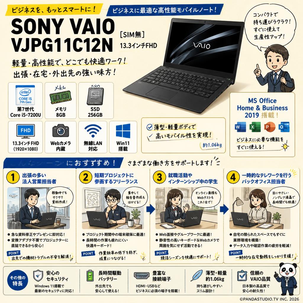 [SIM無] SONY VAIO VJPG11C12N /MS Office H&B 2019 / 第7世代Core i5-7200u/ 8GB/ SSD 256GB/13.3インチFHD / Webカメラ / 無線 / Win11 おもな対象のお客様