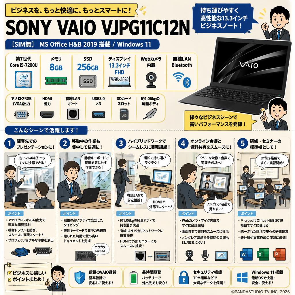 [SIM無] SONY VAIO VJPG11C12N /MS Office H&B 2019 / 第7世代Core i5-7200u/ 8GB/ SSD 256GB/13.3インチFHD / Webカメラ / 無線 / Win11 用途