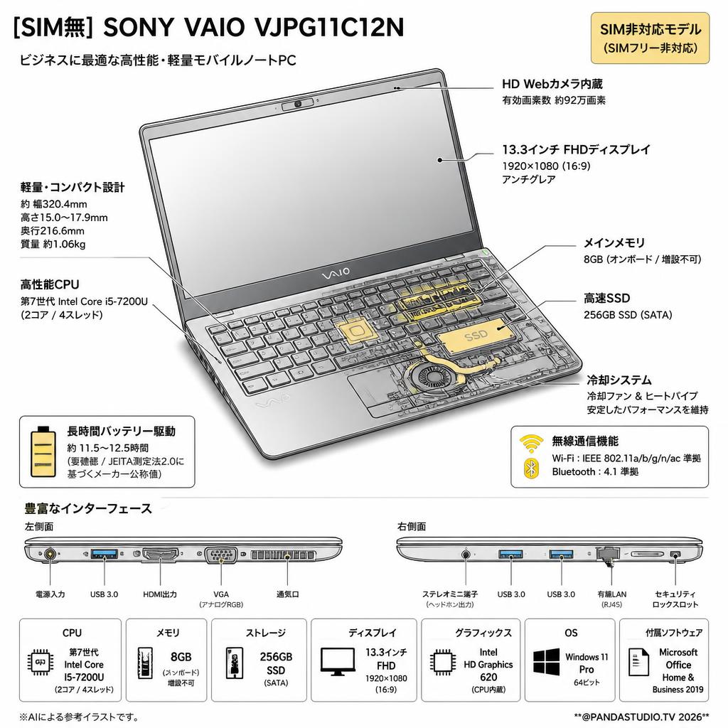 [SIM無] SONY VAIO VJPG11C12N /MS Office H&B 2019 / 第7世代Core i5-7200u/ 8GB/ SSD 256GB/13.3インチFHD / Webカメラ / 無線 / Win11 スペック