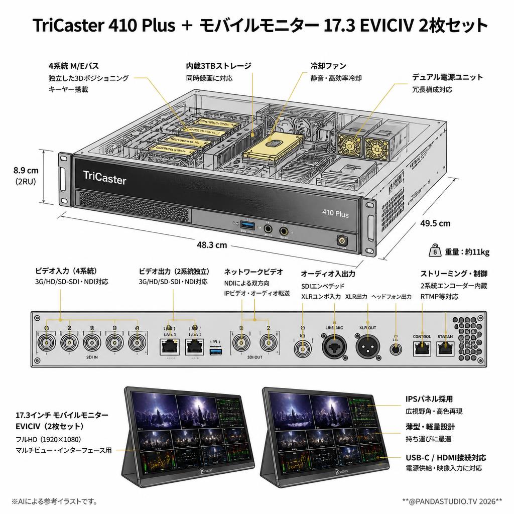 TriCaster 410 Plus ＋ モバイルモニター 17.3 EVICIV 2枚セット スペック