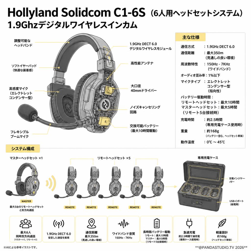 Hollyland Solidcom C1-6S (6人用ヘッドセットシステム) 1.9Ghzデジタルワイヤレスインカム スペック