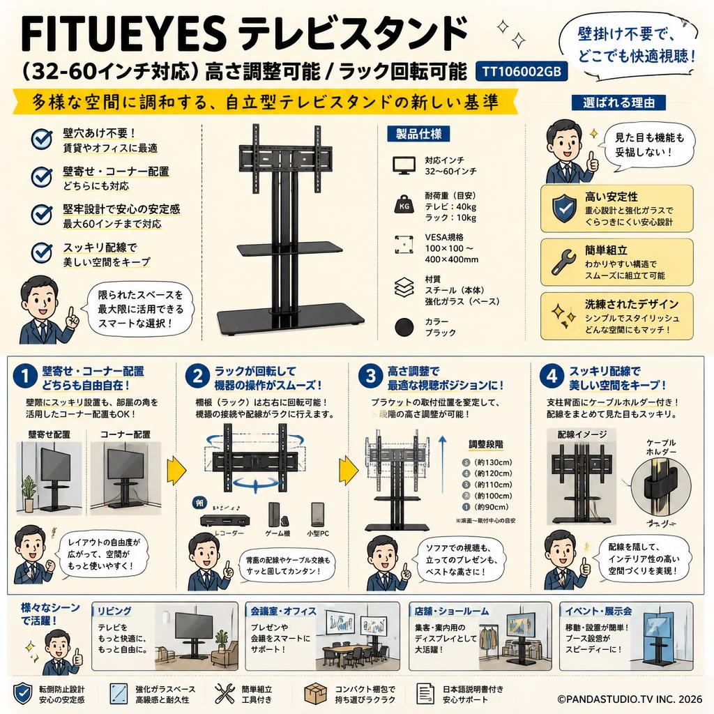 FITUEYES テレビスタンド（32-60インチ対応）高さ調整可能/ ラック回転