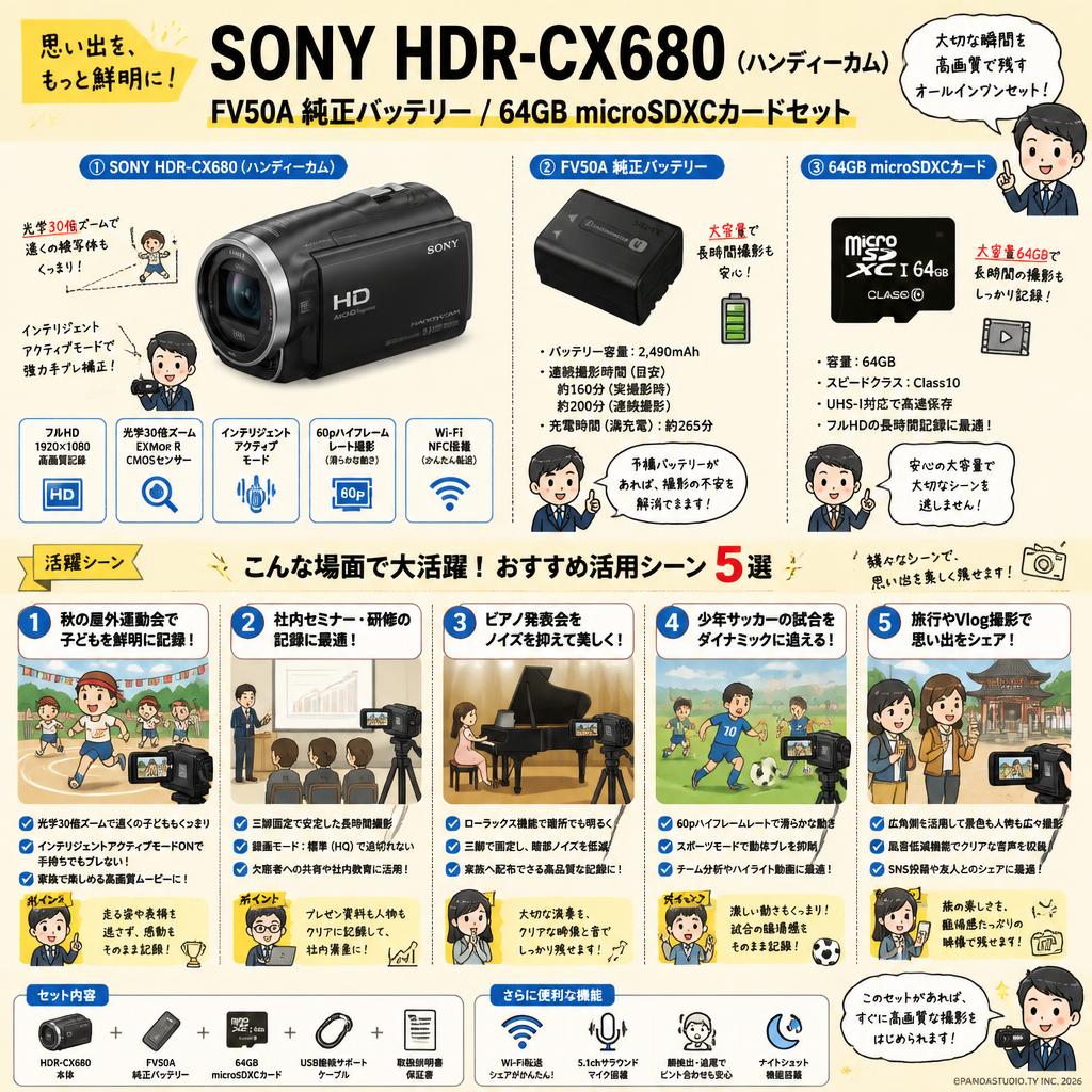 SONY HDR-CX680  (ハンディーカム) / FV50A 純正バッテリー / 64GB microSDXCカードセット 用途