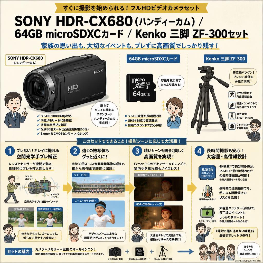 SONY HDR-CX680  (ハンディーカム) / 64GB microSDXCカード / Kenko 三脚 ZF-300セット 概要