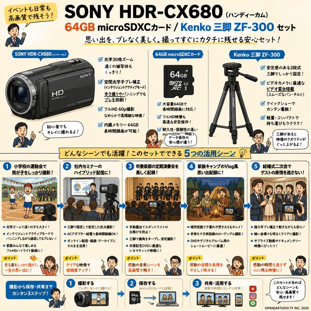 SONY HDR-CX680  (ハンディーカム) / 64GB microSDXCカード / Kenko 三脚 ZF-300セット 用途