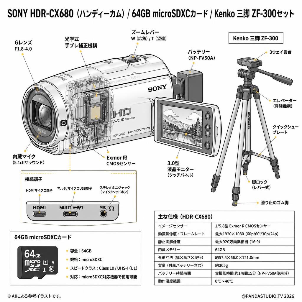 SONY HDR-CX680  (ハンディーカム) / 64GB microSDXCカード / Kenko 三脚 ZF-300セット スペック