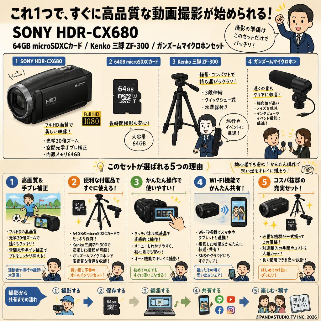 SONY HDR-CX680 / 64GB microSDXCカード / Kenko 三脚 ZF-300 / ガンズームマイクロホンセット 概要