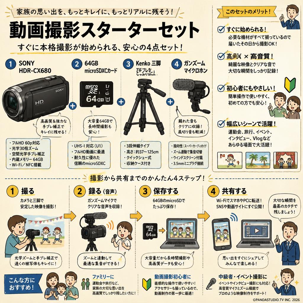 SONY HDR-CX680 / 64GB microSDXCカード / Kenko 三脚 ZF-300 / ガンズームマイクロホンセット おもな対象のお客様