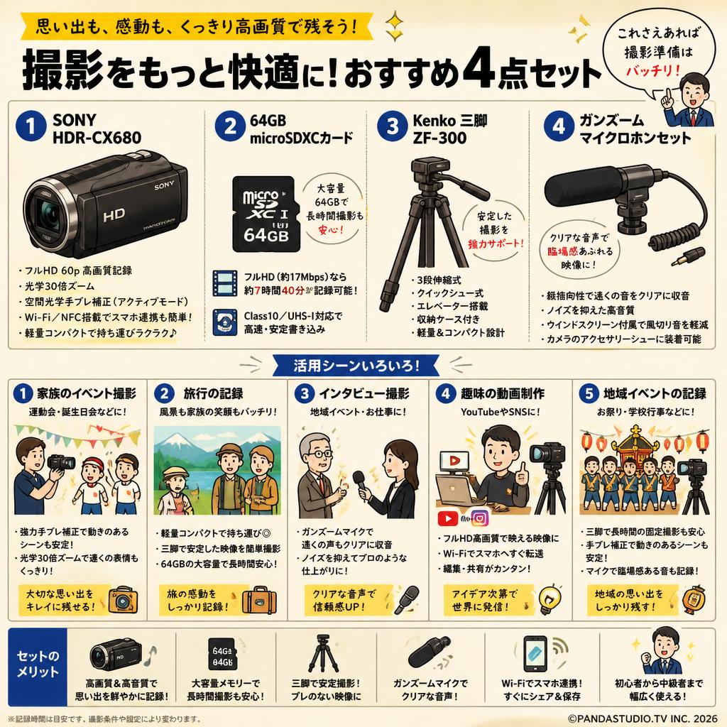SONY HDR-CX680 / 64GB microSDXCカード / Kenko 三脚 ZF-300 / ガンズームマイクロホンセット 用途