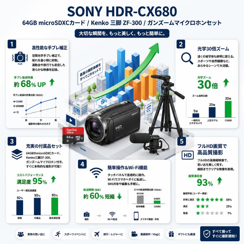 SONY HDR-CX680 / 64GB microSDXCカード / Kenko 三脚 ZF-300 / ガンズームマイクロホンセット セールスポイント