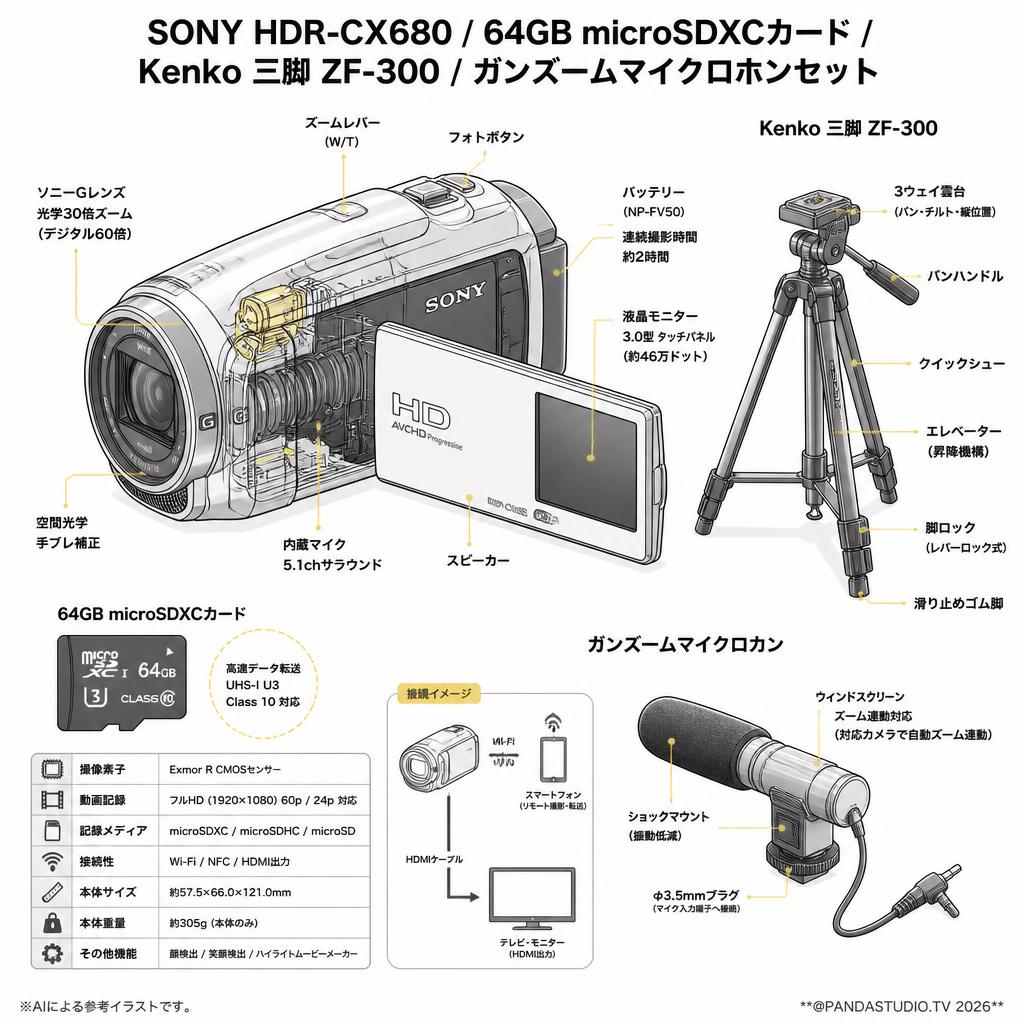SONY HDR-CX680 / 64GB microSDXCカード / Kenko 三脚 ZF-300 / ガンズームマイクロホンセット スペック
