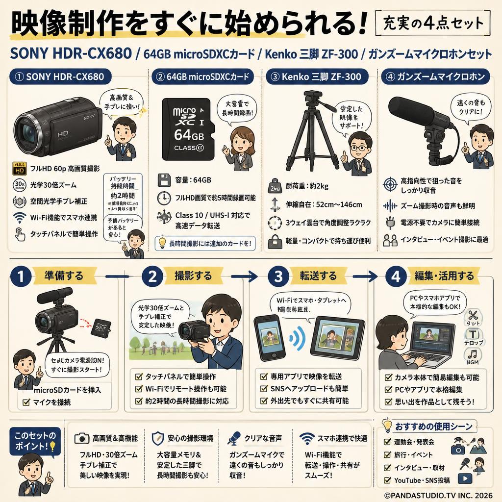 SONY HDR-CX680 / 64GB microSDXCカード / Kenko 三脚 ZF-300 / ガンズームマイクロホンセット FAQ（よくある質問と答え）