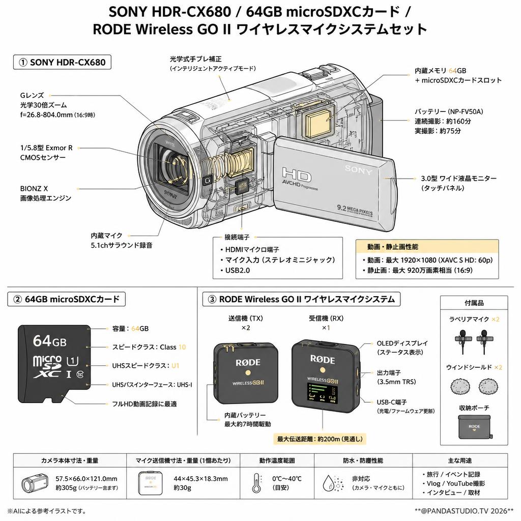 SONY HDR-CX680 / 64GB microSDXCカード / RODE Wireless GO II ワイヤレスマイクシステムセット スペック