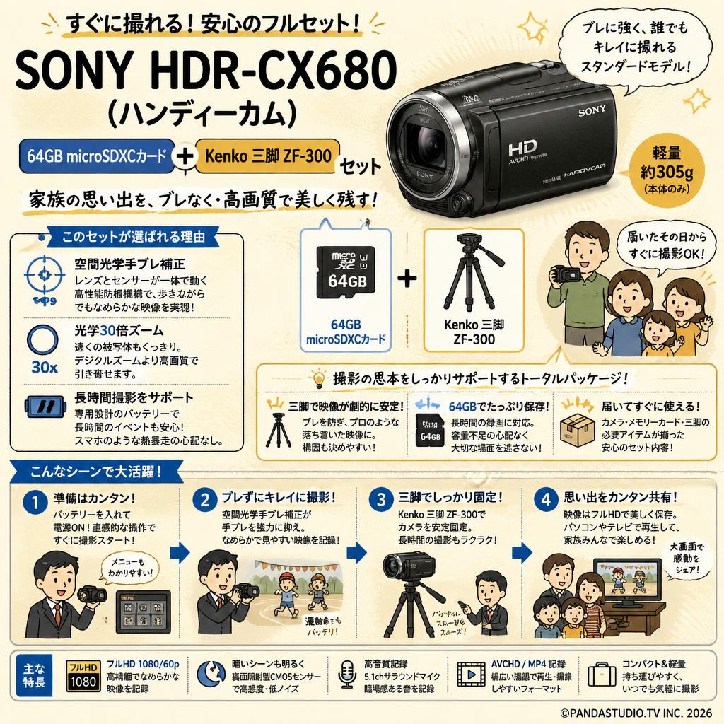SONY HDR-CX680  (ハンディーカム) / 64GB microSDXCカード / Kenko 三脚 ZF-300セット 概要