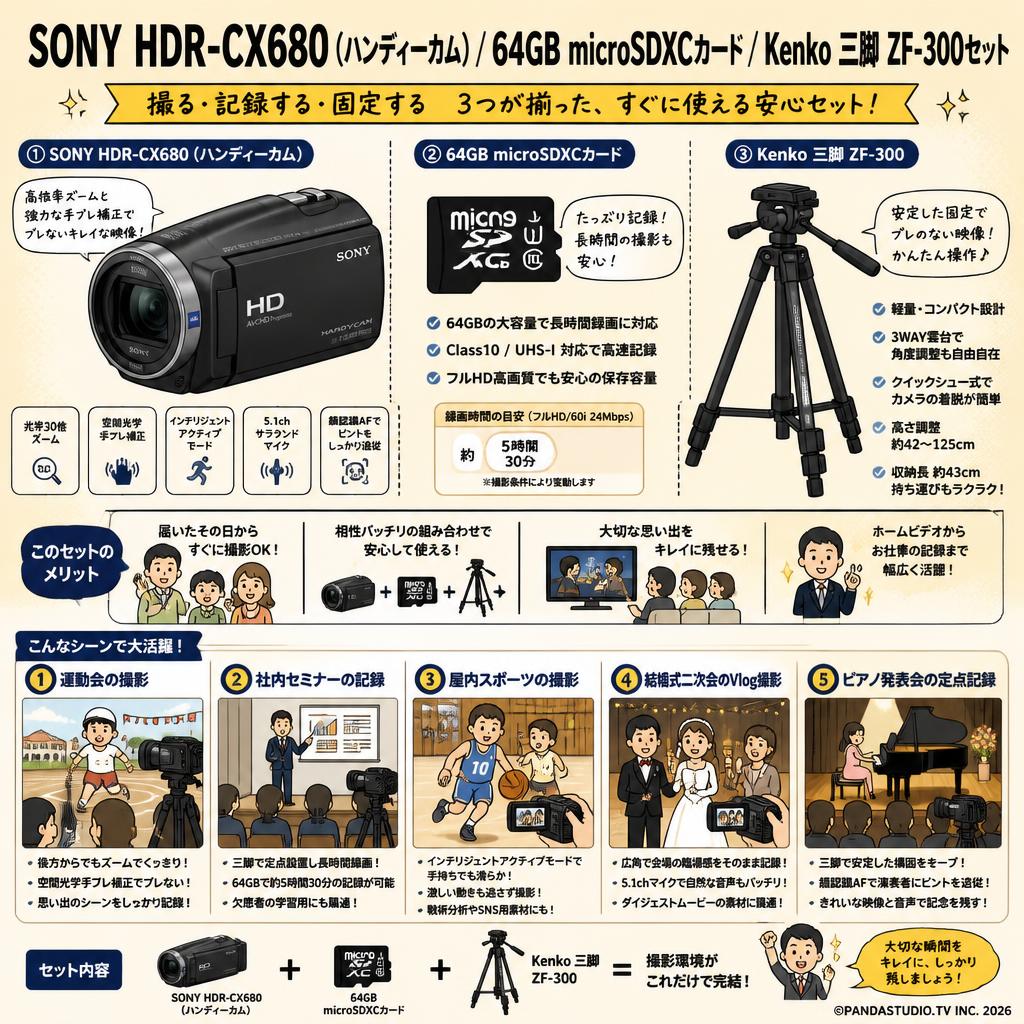 SONY HDR-CX680  (ハンディーカム) / 64GB microSDXCカード / Kenko 三脚 ZF-300セット 用途