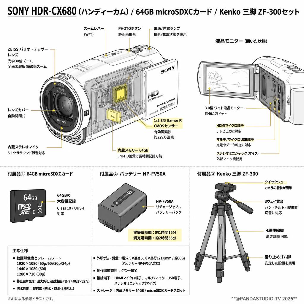 SONY HDR-CX680  (ハンディーカム) / 64GB microSDXCカード / Kenko 三脚 ZF-300セット スペック