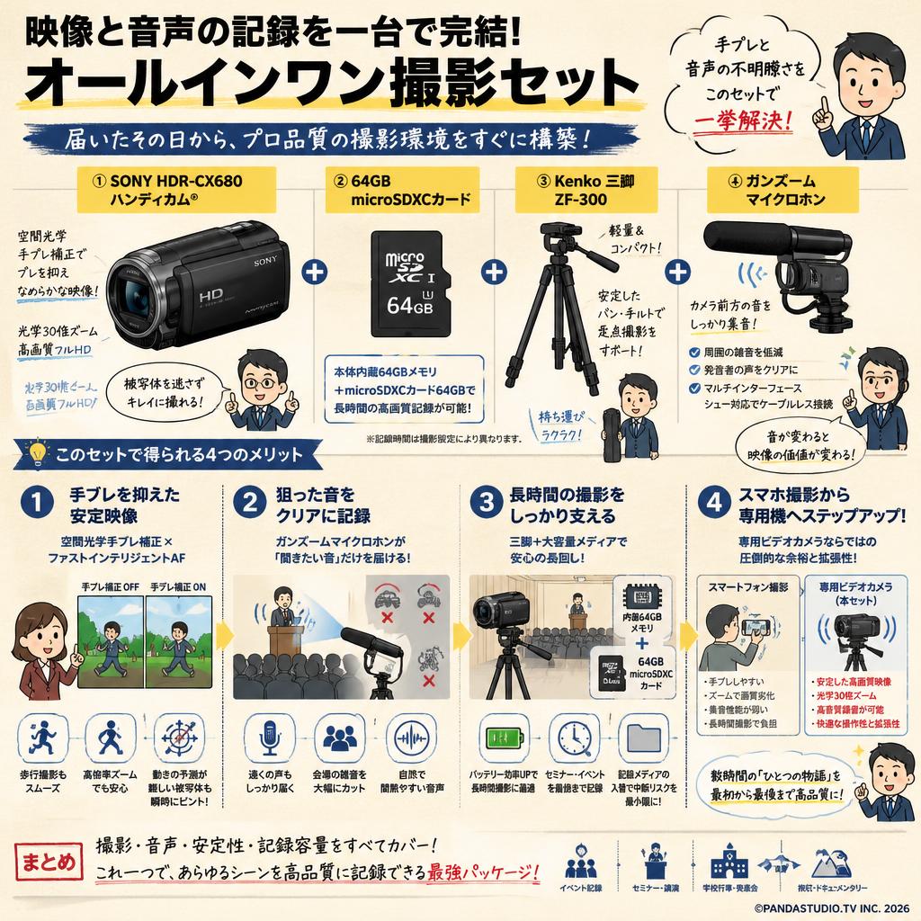 SONY HDR-CX680 / 64GB microSDXCカード / Kenko 三脚 ZF-300 / ガンズームマイクロホンセット 概要