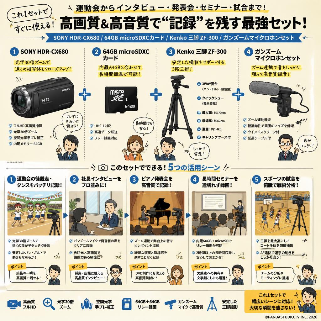 SONY HDR-CX680 / 64GB microSDXCカード / Kenko 三脚 ZF-300 / ガンズームマイクロホンセット 用途