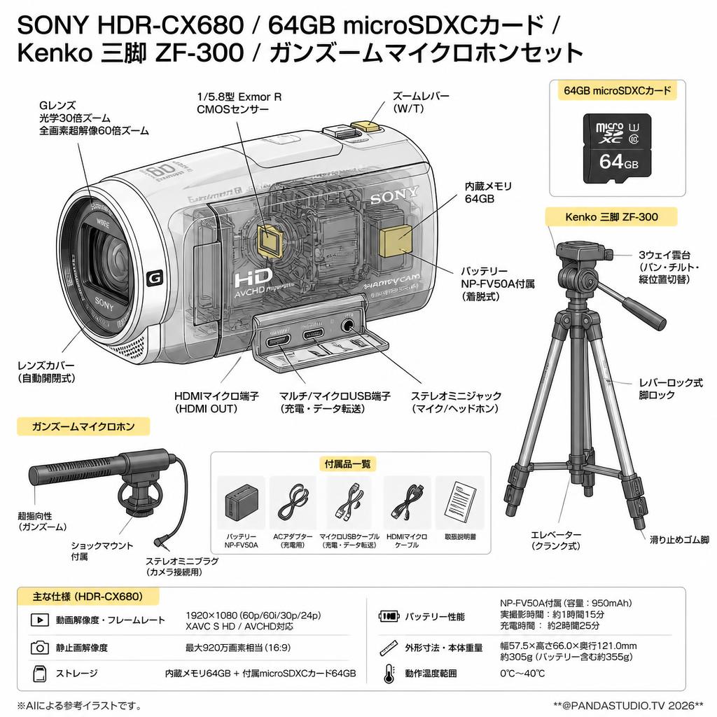 SONY HDR-CX680 / 64GB microSDXCカード / Kenko 三脚 ZF-300 / ガンズームマイクロホンセット スペック
