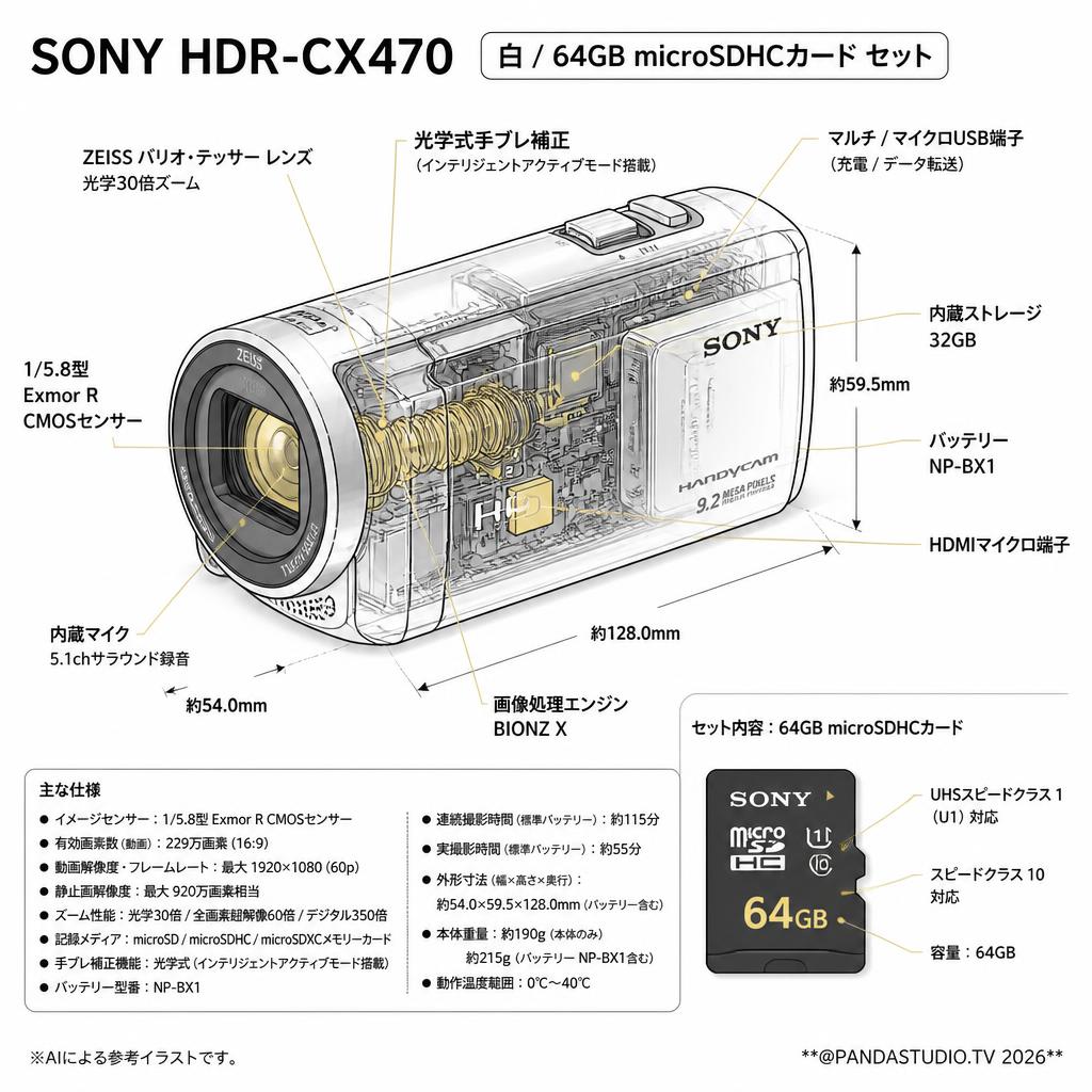 SONY HDR-CX470  白 / 64GB microSDHCカード セット スペック