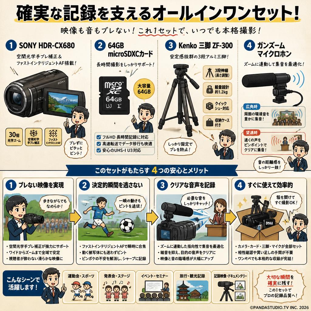 SONY HDR-CX680 / 64GB microSDXCカード / Kenko 三脚 ZF-300 / ガンズームマイクロホンセット 概要