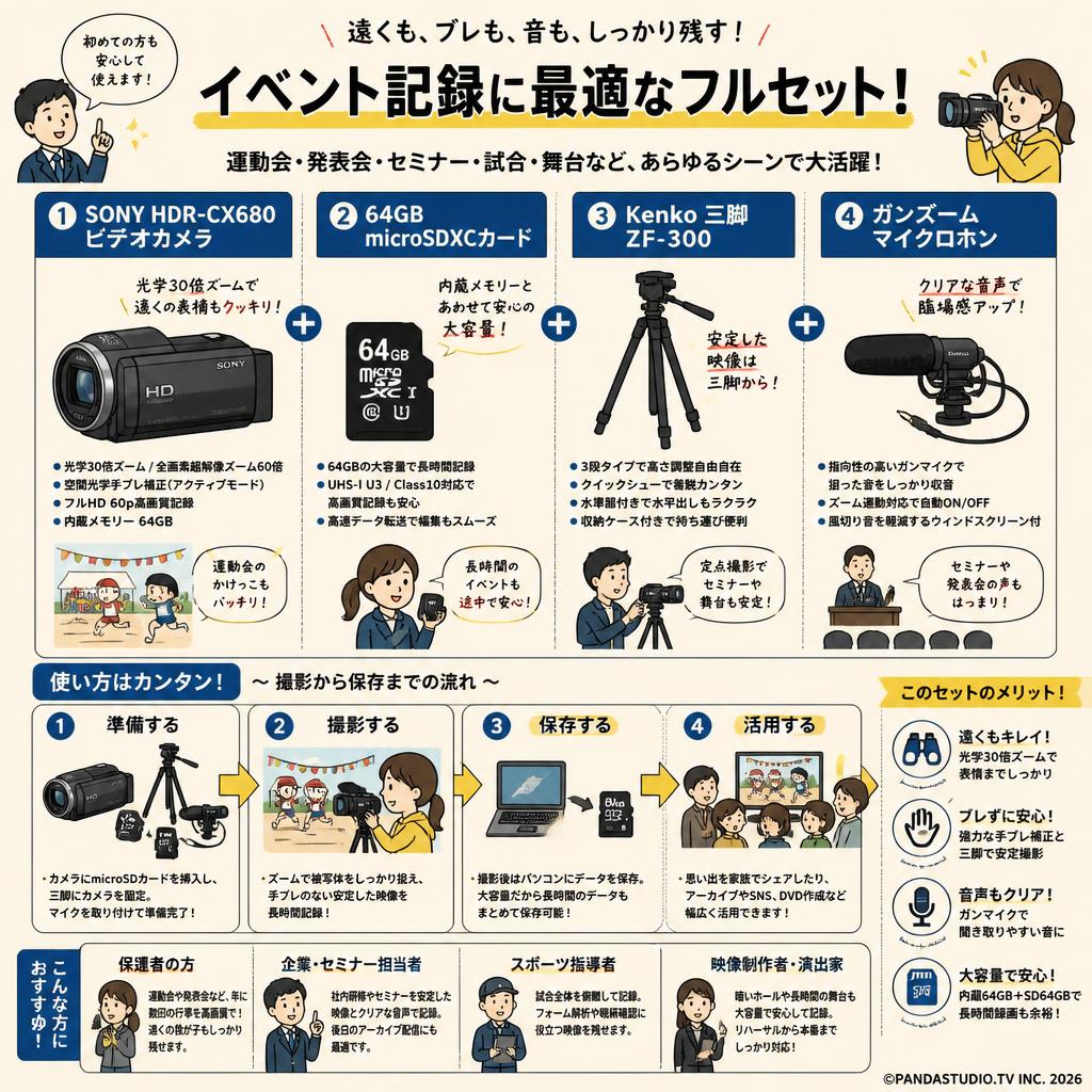 SONY HDR-CX680 / 64GB microSDXCカード / Kenko 三脚 ZF-300 / ガンズームマイクロホンセット おもな対象のお客様